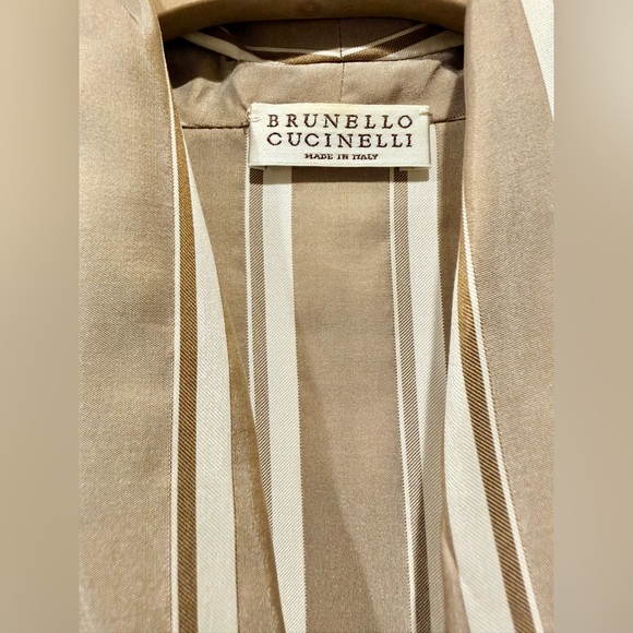 BRUNELLO CUCINELLI Striped silk top (open front) w leather belt Dark Beige Small - Picture 8 of 11